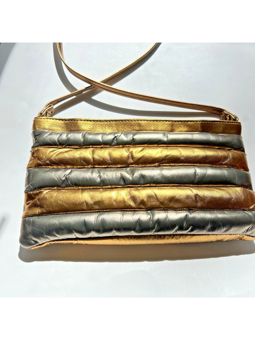 Vintage Kadin New York Metallic Leather Clutch Shoulder Bag Gold Silver USA